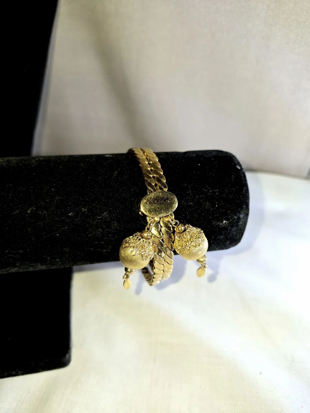Vintage Monet Gold Plated Bolero Lariat Slide Bracelet 1970s Textured Ball Charm